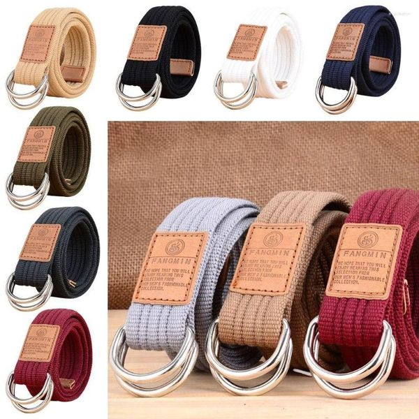 Gürtel Frauen Männer Einfache Silber Schnalle Casual Weben Taille Band Canvas Strap Doppel Ring Bund Nylon Geflochtener Gürtel