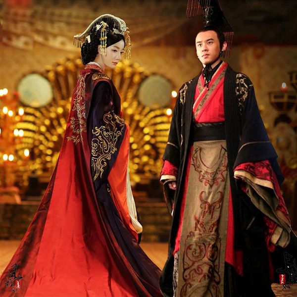 Imperatore asiatico regina Palazzo reale Abito da sposa Abito abito cinese Antico matrimonio Hanfu Costume lungo Nero Rosso sposa sposo Outfit242b
