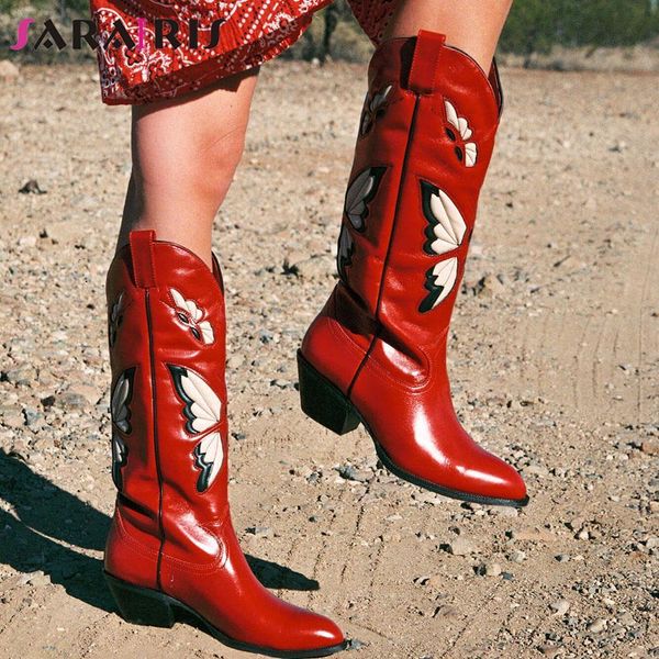 Stivali di marca Autunno Inverno Stivali a metà polpaccio occidentali da donna Tacchi spessi Farfalla Cowgirl Stivali lunghi da cowboy Scarpe per donna 230629