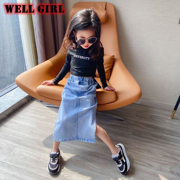 Kleidungssets, koreanische Vintage-Mode, Mädchen-Jeansrock, knöchellang, Midi-Röcke, seitlich offen, hohe Taille, Jeans, 4 bis 16 Jahre, 230630