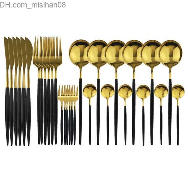 Geschirr-Sets 30-teiliges Schwarzgold-Geschirrset aus Edelstahl, Besteck, Salat, Kuchen, Gabel, Löffel, Messer, Geschirr, Küchenbesteck 210804 Z230630