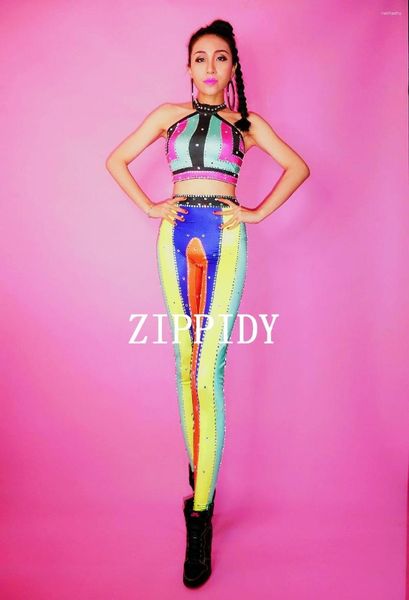 Sahne Giyim Yaz Renkli Rhinestones İki Adet Kıyafet Kolsuz Üst Streç Performans Tayt Parti Dans Pantolon