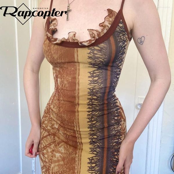 Повседневные платья Rapcopter Lace Vintage Long Dress Спагетти-бретельки French Beach Slim Сарафан Женщины Backless Khaki Holiday Chic 90s