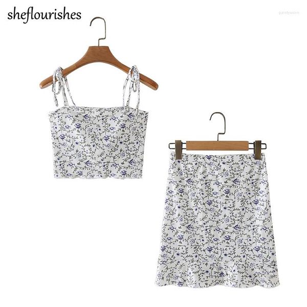 Vestidos de trabalho Sexy Crop Tops Summer Floral Tops Feminino 2023 Kawaii Conjunto de Duas Peças Cintura Alta Saia Babado Mini Roupas Brancas