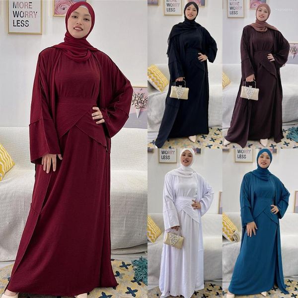 Ethnische Kleidung, 3-teiliges passendes Set für Damen, muslimischer Krepp, Dubai, arabisches bescheidenes Outfit, Kimono, offener Abaya, Maxikleid, Wickelrock, Ramadan Eid