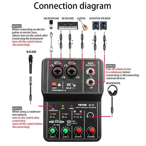 Gitarre Teyun Q12 Universal Professional Audio Interface Soundkarte mit Überwachung, E-Gitarre Live-Aufnahme-Soundkarte