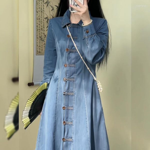 Abiti casual Primavera Autunno Donna Vintage manica lunga Designer Blue Denim Dress Abbigliamento donna