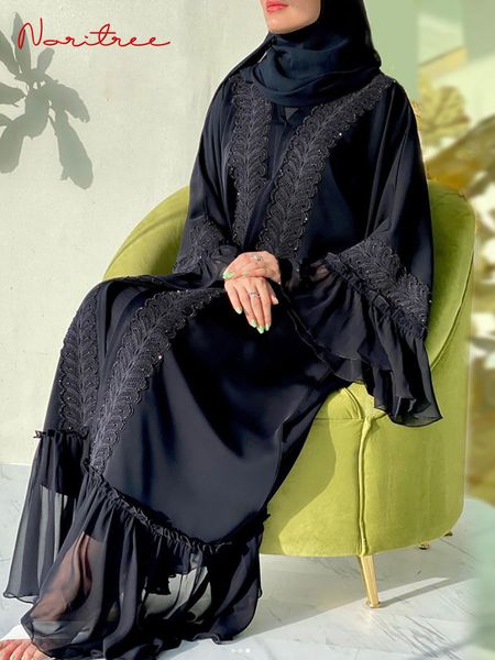 Abbigliamento etnico Moda Cuciture in pizzo Musulmano Abaya Dubai Lunghezza intera Manica svasata Tacchino Islam Abito con cintura WY1391 230629