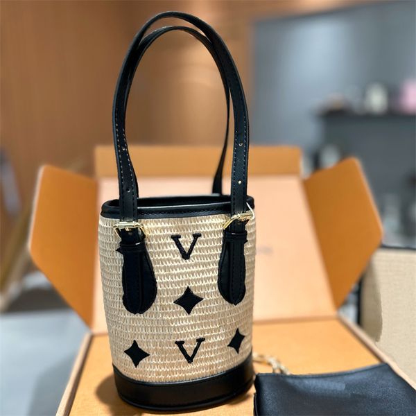 Mini Stroh gewebt Eimer Tasche Frau Luxus Handtaschen Weben Nano Umhängetaschen mit Brief Geldbörsen Sommer exquisite Umhängetaschen mit Box