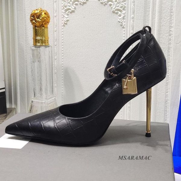 Kleiderschuhe echte Leder High -End -Frauen Pumpen Knöchelgurt Schloss Fehlern formelle Karriere Ladies Gold Heel Mary Janes