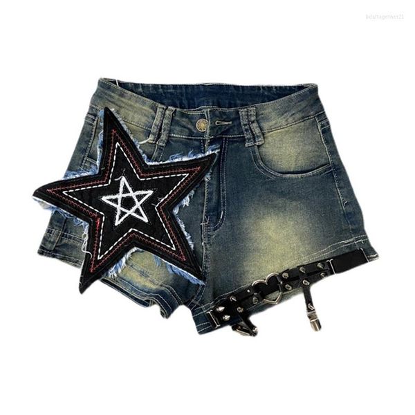 Damen Jeans Vintage Punk Y2k Millennium Spicy Girls Denim Shorts Frauen Sommer Hohe Taille Slim Star Goth Wide Leg MINI Hosen