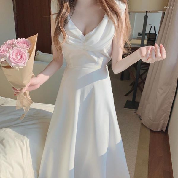 Vestidos casuais elegantes branco verão chiffon vestido para mulheres magro sem mangas decote em v meados da panturrilha 2023