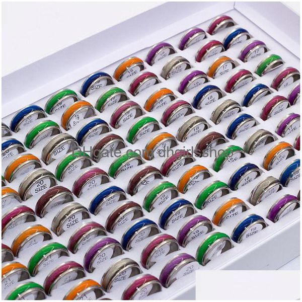 Кольца Bk Lots 50Pcs Mixed Mens Womens Colorf Cat Eye Нержавеющая сталь Ширина 7 мм Размеры в ассортименте Оптовая мода Ювелирные изделия Drop De Otmmb