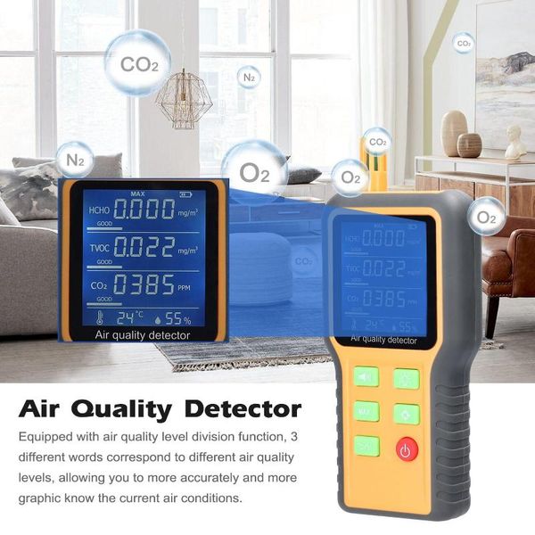 CO 2 Meter Luftqualitätsmonitor-Detektor Kohlendioxid TVOC HCHO Temperatur-Feuchtigkeits-Erkennungssensor LCD-Display mit Hintergrundbeleuchtung