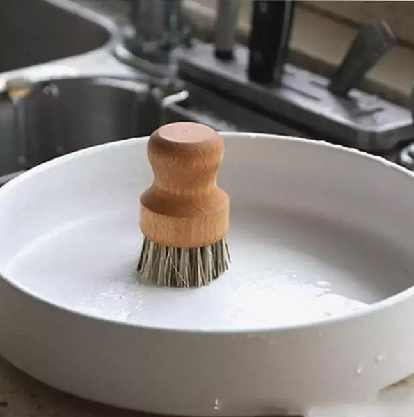Новая щетка для мытья пальмовых горшков, деревянная круглая мини-щетка для посуды, натуральная скраб-щетка, прочный скруббер, короткая ручка, кухонный набор для мытья посуды
