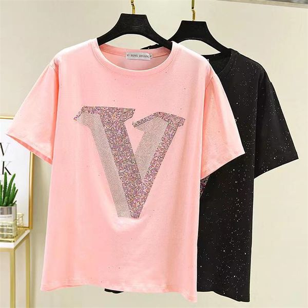 T-Shirt Damen Designer Top Baumwolle T-Shirt Applikation glänzender Diamant Sommer Designer Tops Damen Mode T-Shirt Kleidung Kleidung T-Shirt T-Shirt Femme