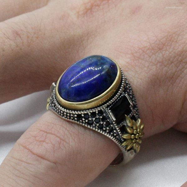 Cluster-Ringe S925 Sterling Silber eingelegter Lapislazuli-Ring Retro-Stil Herren-Türkei-Modeschmuck Großhandel und Einzelhandel