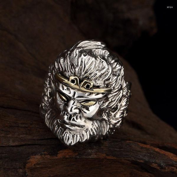 Anelli a grappolo Thai Silver Monkey King Anello di apertura per uomo Real S925 Sun Wukong creativo fatto a mano puro