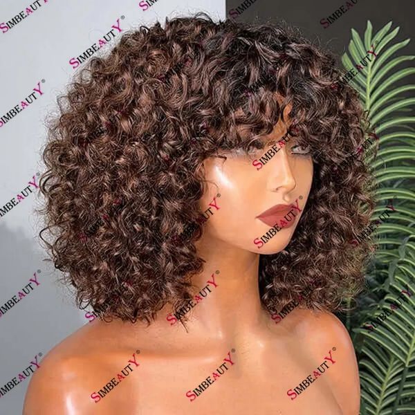 Шоколадно-коричневый Ombre Jerry Curly Indian Human Hair 13x6 Lace Front Wig with Fringe 200% Плотность Full Lace Glueless Wig