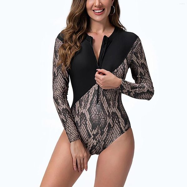 Costumi da bagno da donna Muta per protezione solare da donna Costume da bagno sexy in pelle di serpente Boyshort Manica lunga Rashguard Linea a contrasto Snorkel Rasoio per e