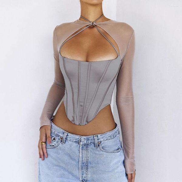 Camisetas femininas Meqeiss Mesh transparente Cinza Corset Tops Mulheres elegantes Roupas de verão Streetwear Manga comprida Halter Top Tees Roupas de outono