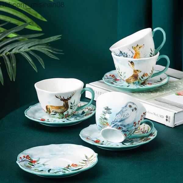 Set da tè da caffè Set da tè da caffè Piattino per tazza europeo di alta qualità Creativo 200 ml Ceramica Il piatto da tazza con motivo a gufo di coniglio cervo Regalo 230327 Z230630