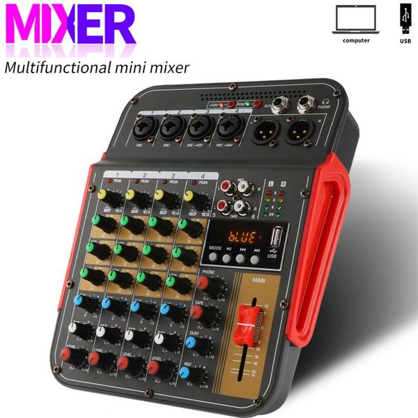 Mixer de áudio de 6 canais, misturador de áudio para conferência ao ar livre, usb, bluetooth, processador de áudio reverb, cantar ao vivo com placa de som