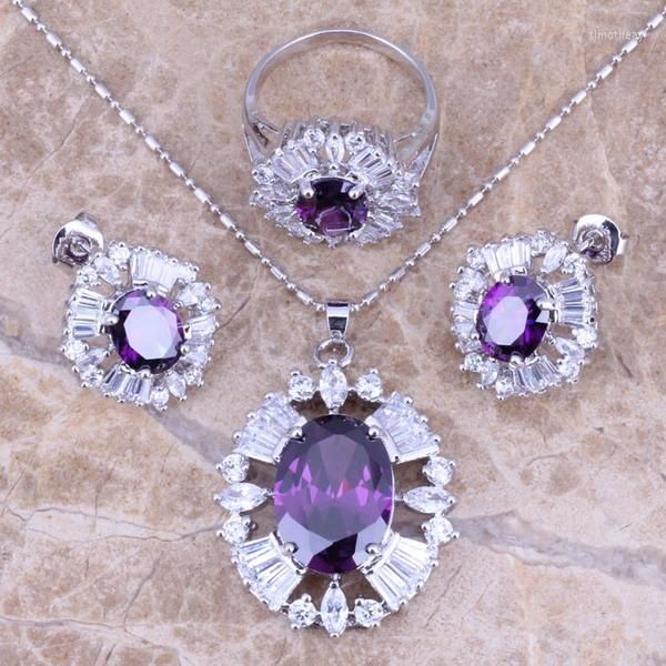 Collana Orecchini Set Viola Cubic Zirconia Bianco CZ Anello pendente placcato argento Misura 6/7 8 9 10 S0029