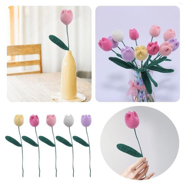 Flores decorativas para namorados bandeja decorações buquê de malha feito à mão com lã e agulhas artificiais para decoração de casa ou