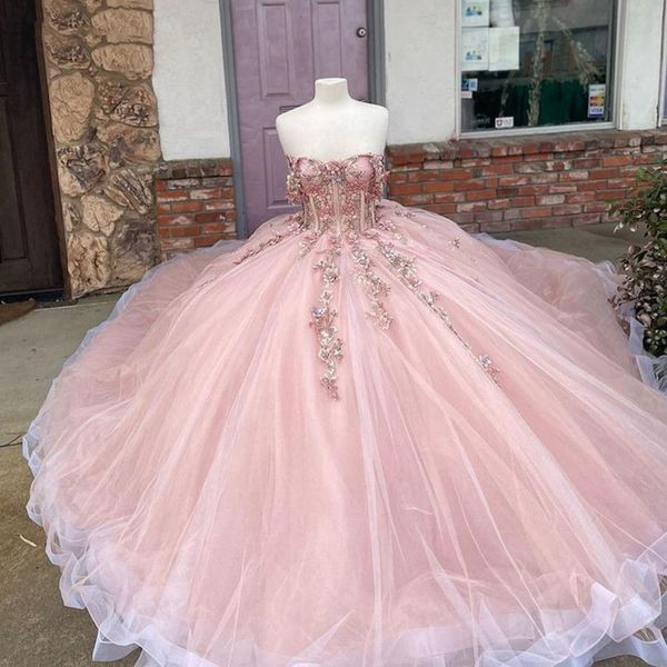 Розовое сексуальное бальное платье без бретелек с корсетом Quinceanera Платья с бисером 3D Цветы Пром Выпускные платья на шнуровке Принцесса Sweet 15 16