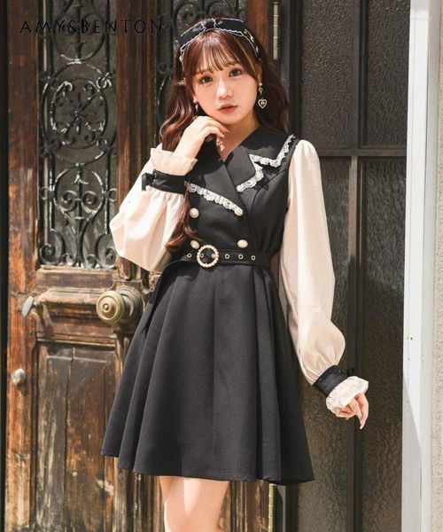 Lässige Kleider Japanisches Lolita Spitzennahtkleid Damen Hohe Taille Quadratische Schnalle Gürtel Weibliche Langarm Rojita
