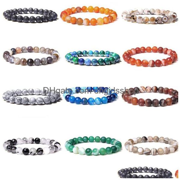 Pulseira de fios de atacado com contas 8 mm contas de pedra natural pulseira masculina linda semipreciosa ônix preto lava tigre olho cura para W Oteh4