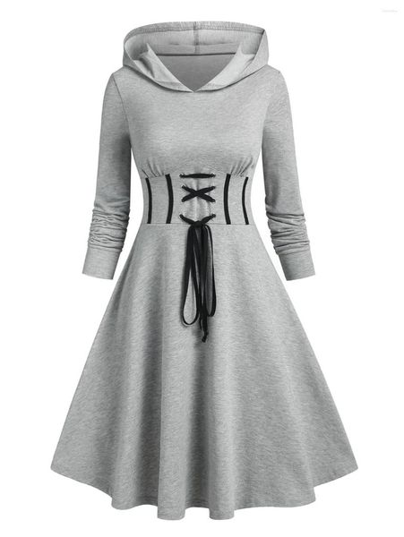 Lässige Kleider mit Kapuze, langen Ärmeln, Schnürkorsett, Taille, Hoodie-Kleid, täglicher A-Linie, Mini-Herbst für Damen