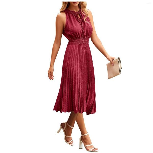 Casual Kleider Frauen Elegantes Kleid Sommer 2023 Feste Hohe Taille Halfter Ärmellose Midi Damen Spitze-up Slim A-linie party