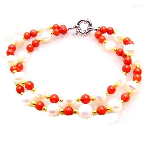 Strand Qingmos 6-7mm Braccialetto di perle bianche d'acqua dolce naturali rotonde per donna con corallo rosso 5mm 2 fili 7.5