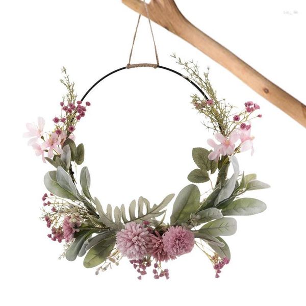 Fiori decorativi Ghirlanda di fiori rosa Orchidea viola Crisantemo Dente di leone Gypsophila Hoop Appendiabiti colorato per porta della fattoria per la primavera