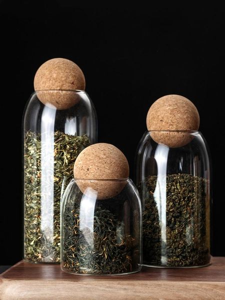 Ferramentas de cozinha escritório criatividade frasco de armazenamento de vidro selado pode com tampa de cortiça bola para chá café cereais doces feijão porca garrafa recipiente