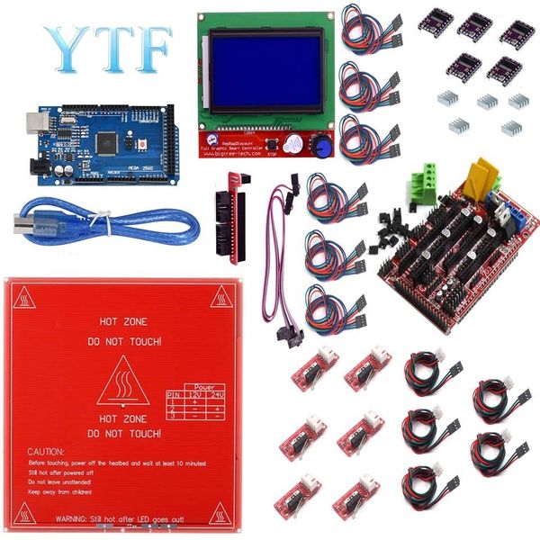 Сканирование 3D -принтера рампы 1.4 комплект + Mega 2560 + Heatbed 2b + 12864 LCD -контроллер + DRV8825 + Механический конечный стой + кабели