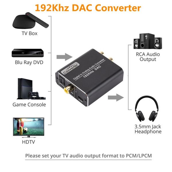 Mixer 192khz Dac Convertitore digitale-analogico Fibra coassiale ottica Spdif a Rca Adattatore audio jack da 3,5 mm con adattatore cavo ottico