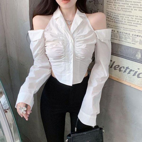 Camicette da donna top camicia bianca modella fuori spalla camicie a maniche lunghe signore sexy bottoni sottili camicetta corta donna donna coreana streetwear