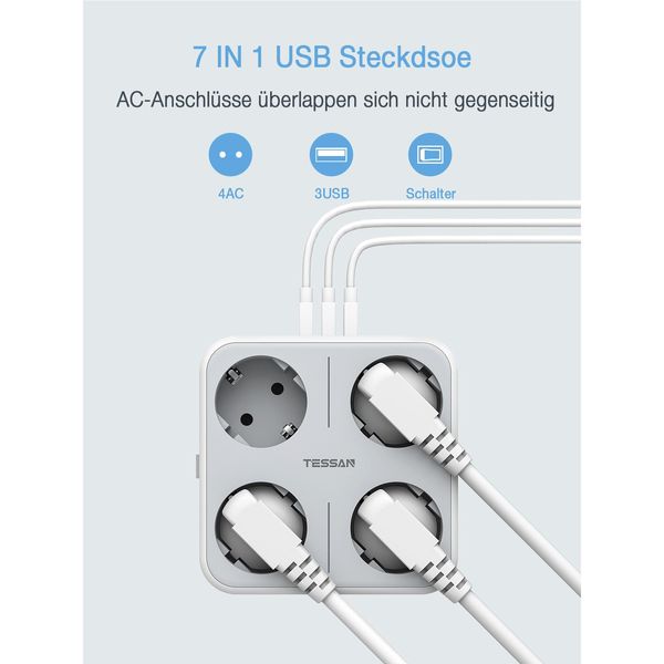 Switch 4way Socket ve 3 USB EU Akıllı Fiş Çıkışı Uzatma Soket Adaptörü ile Tessan USB Güç Şeridi Aşırı Yük Koruması