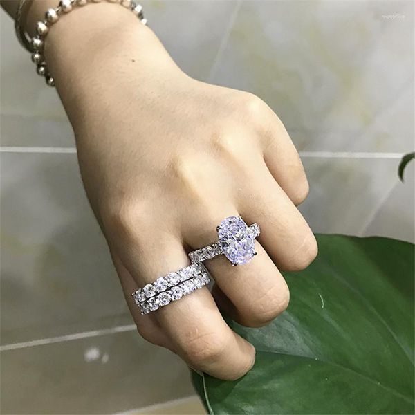 Cluster Ringe Luxus 925 Sterling Silber Frauen Engagement Oval Cut Ring Sets Simulierte Diamant Hochzeit 3 Stück Set Schmuck Geschenke