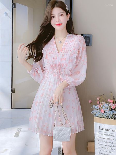 Casual Kleider 2023 Frühling Rosa Floral Chiffon Mini Kleid Frauen Blau Langarm Elegante Bodycon Party Dresss Koreanische Mode Strand