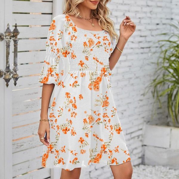 Lässige Kleider Blumenkleid für Frauen 2023 im Sommer Square Neck Puff Sleeve Lose Midi Einfach Elegant Urlaub