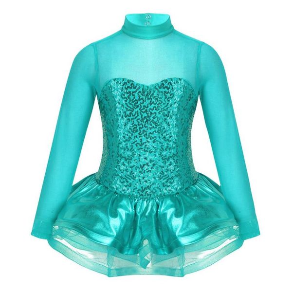 Bambini Ragazze paillettes lucide Tulle Splice Buco della serratura Figura posteriore Pattinaggio su ghiaccio Pattinaggio a rotelle Ballerina Balletto Body Tutu Dress312N