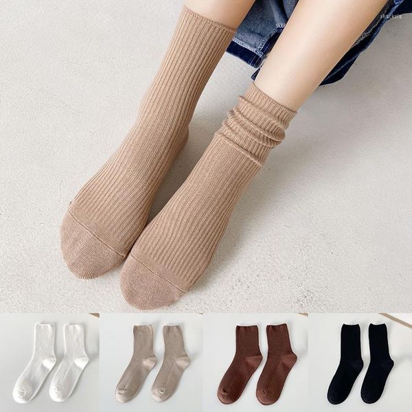 Frauen Socken 1 Paar Retro Baumwolle Lose Herbst Winter Stricken Einfarbig Lange Schwarz Koreanische Japanische Student Mädchen Strümpfe