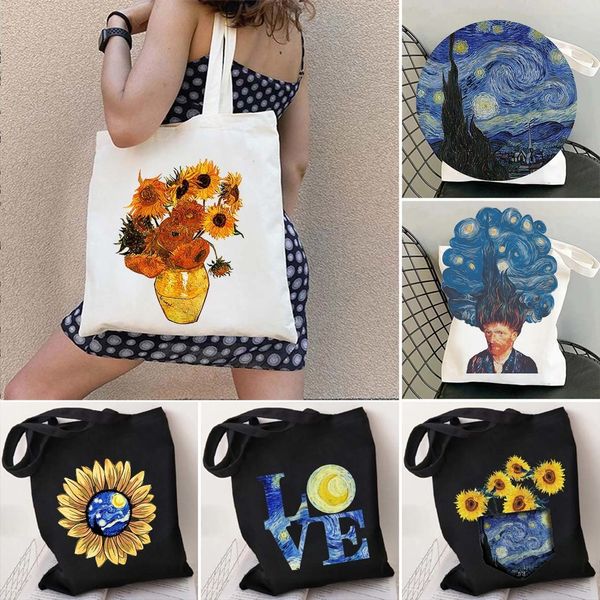 Akşam Çantaları Van Gogh Boyama Kadın Tuval Omuz Çantası Yüksek Kapasiteli Tote Ayçiçeği Alışveriş Pamuk Çanta Yıldızlı Gece Kitapları 230630
