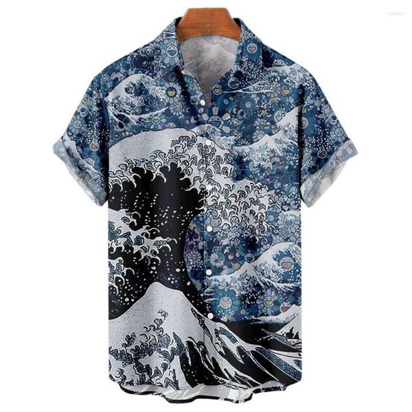 Herren-Freizeithemden für den Sommer, hawaiianische 3D-Drucke, kurze Ärmel, Revers, Strand-Stil, Tops, Top, Retro-Wellen, modische Kleidung