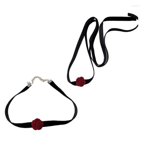 Choker Boho Samt-Choker Halskette Langes Band Satin Blumenhalsband Sexy Rote Kamelie-Minimalistische Halsketten für Frauen