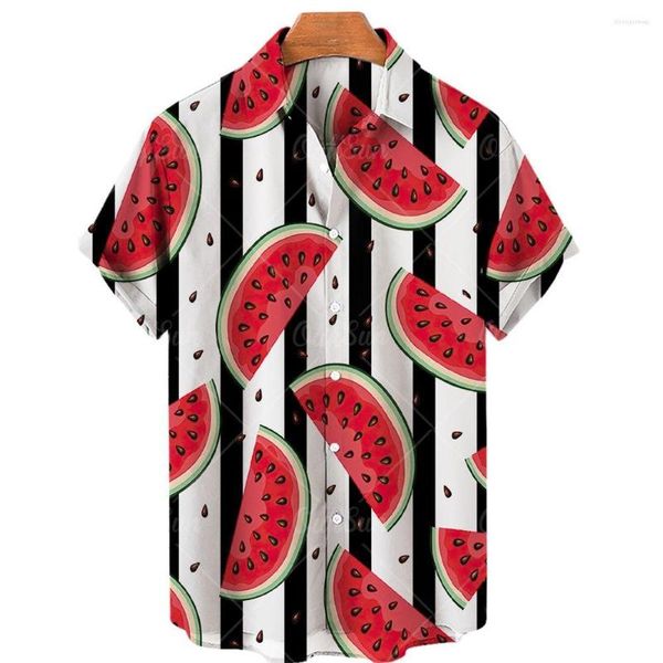 Мужские повседневные рубашки 2023, летняя рубашка с 3D принтом для мужчин и мальчиков, фруктовый узор, с короткими рукавами, гавайская свободная модная модная курортная пляжная ши